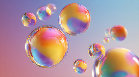Glossy liquid bubbles floating in colorful abstract space. Ideal for playful visuals, cosmetic...