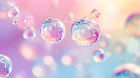 Glossy liquid bubbles floating in colorful abstract space. Ideal for playful visuals, cosmetic...