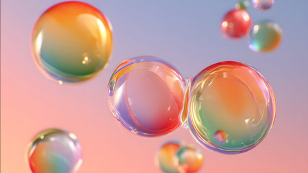 Glossy liquid bubbles floating in colorful abstract space. Ideal for playful visuals, cosmetic...