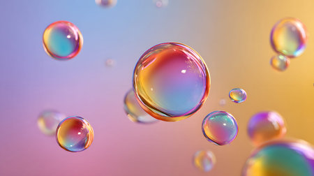 Glossy liquid bubbles floating in colorful abstract space. Ideal for playful visuals, cosmetic...