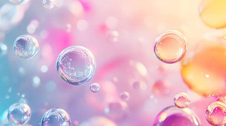 Glossy liquid bubbles floating in colorful abstract space. Ideal for playful visuals, cosmetic...