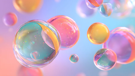 Glossy liquid bubbles floating in colorful abstract space. Ideal for playful visuals, cosmetic...