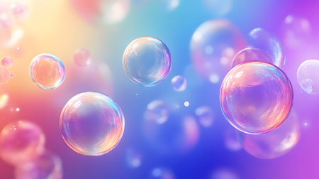 Glossy liquid bubbles floating in colorful abstract space. Ideal for playful visuals, cosmetic...
