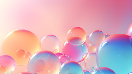 Glossy liquid bubbles floating in colorful abstract space. Ideal for playful visuals, cosmetic...