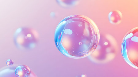 Glossy liquid bubbles floating in colorful abstract space. Ideal for playful visuals, cosmetic...
