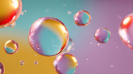 Glossy liquid bubbles floating in colorful abstract space. Ideal for playful visuals, cosmetic...