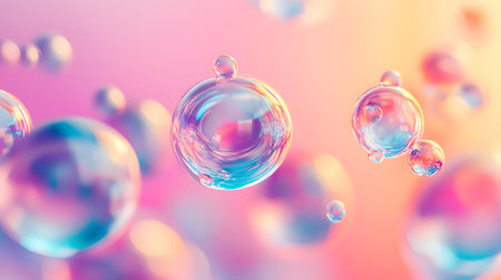 Glossy liquid bubbles floating in colorful abstract space. Ideal for playful visuals, cosmetic...