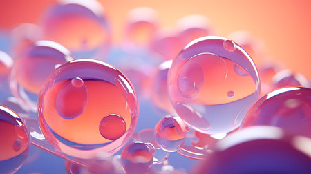 Glossy liquid bubbles floating in colorful abstract space. Ideal for playful visuals, cosmetic...