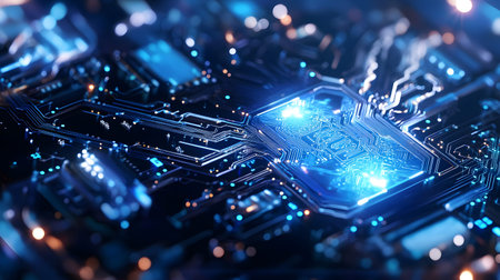 High-tech circuit board pattern with glowing lines. Great for technology presentations, websites,...