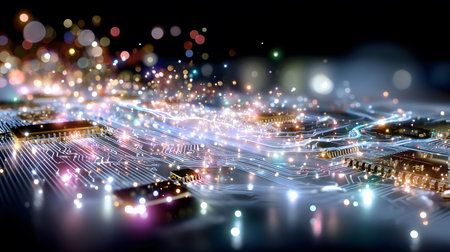 High-tech circuit board pattern with glowing lines. Great for technology presentations, websites,...