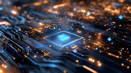 High-tech circuit board pattern with glowing lines. Great for technology presentations, websites,...
