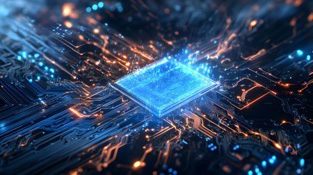 High-tech circuit board pattern with glowing lines. Great for technology presentations, websites,...