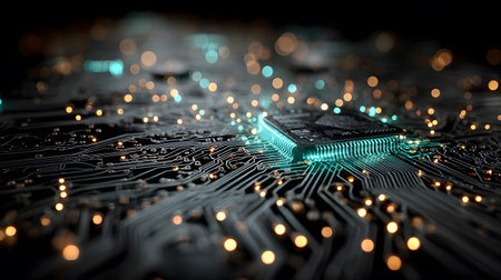 High-tech circuit board pattern with glowing lines. Great for technology presentations, websites,...