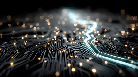 High-tech circuit board pattern with glowing lines. Great for technology presentations, websites, and UI backgrounds.の写真素材