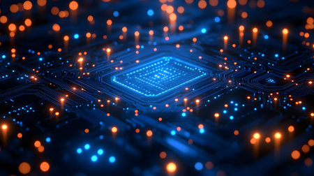High-tech circuit board pattern with glowing lines. Great for technology presentations, websites,...