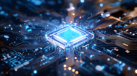 High-tech circuit board pattern with glowing lines. Great for technology presentations, websites, and UI backgrounds.の写真素材