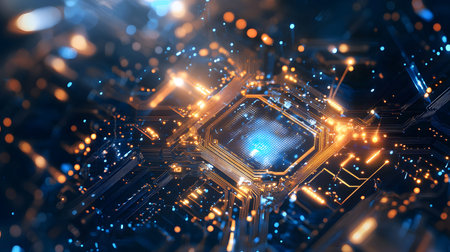 High-tech circuit board pattern with glowing lines. Great for technology presentations, websites,...