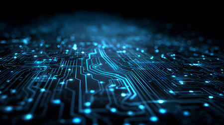 High-tech circuit board pattern with glowing lines. Great for technology presentations, websites, and UI backgrounds.の写真素材