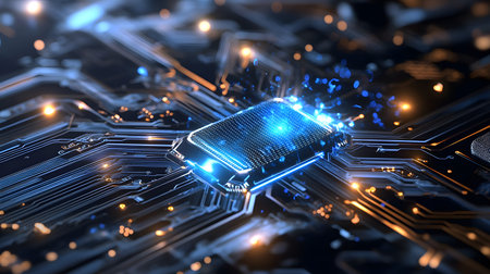 High-tech circuit board pattern with glowing lines. Great for technology presentations, websites,...