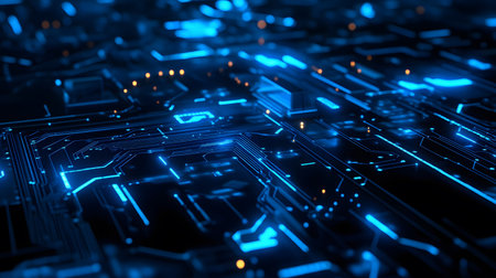 High-tech circuit board pattern with glowing lines. Great for technology presentations, websites, and UI backgrounds.の写真素材