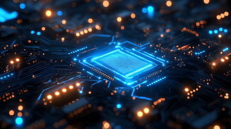 High-tech circuit board pattern with glowing lines. Great for technology presentations, websites,...