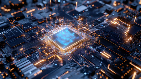 High-tech circuit board pattern with glowing lines. Great for technology presentations, websites,...