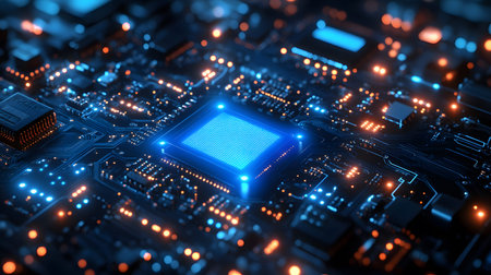 High-tech circuit board pattern with glowing lines. Great for technology presentations, websites,...
