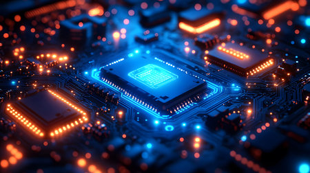 High-tech circuit board pattern with glowing lines. Great for technology presentations, websites,...