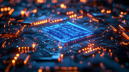 High-tech circuit board pattern with glowing lines. Great for technology presentations, websites,...