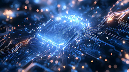 High-tech circuit board pattern with glowing lines. Great for technology presentations, websites,...