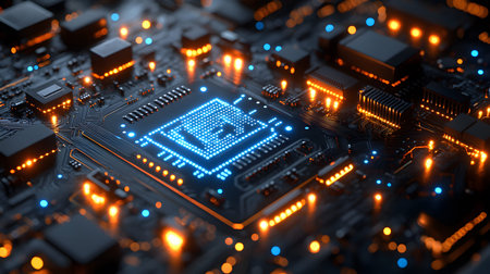 High-tech circuit board pattern with glowing lines. Great for technology presentations, websites,...