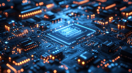 High-tech circuit board pattern with glowing lines. Great for technology presentations, websites,...