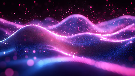 Smooth flowing data waves with digital motion lines. Ideal for cyber themes, AI, and futuristic data...