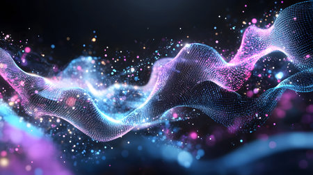 Smooth flowing data waves with digital motion lines. Ideal for cyber themes, AI, and futuristic data...