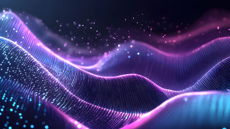 Smooth flowing data waves with digital motion lines. Ideal for cyber themes, AI, and futuristic data...