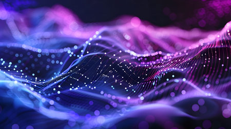 Smooth flowing data waves with digital motion lines. Ideal for cyber themes, AI, and futuristic data...