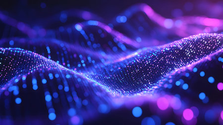Smooth flowing data waves with digital motion lines. Ideal for cyber themes, AI, and futuristic data...