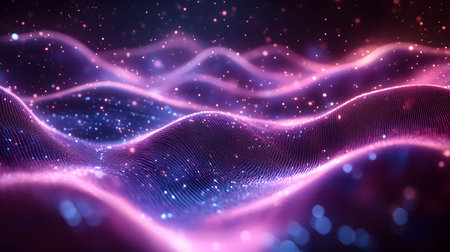 Smooth flowing data waves with digital motion lines. Ideal for cyber themes, AI, and futuristic data...