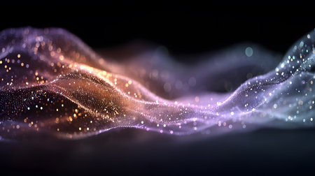 Smooth flowing data waves with digital motion lines. Ideal for cyber themes, AI, and futuristic data visualizations.の写真素材