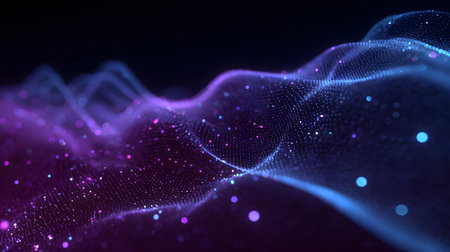 Smooth flowing data waves with digital motion lines. Ideal for cyber themes, AI, and futuristic data visualizations.の写真素材