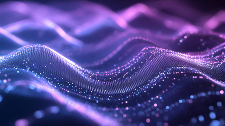 Smooth flowing data waves with digital motion lines. Ideal for cyber themes, AI, and futuristic data...