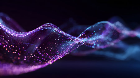 Smooth flowing data waves with digital motion lines. Ideal for cyber themes, AI, and futuristic data visualizations.の写真素材