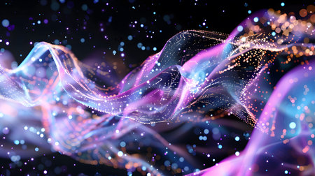 Smooth flowing data waves with digital motion lines. Ideal for cyber themes, AI, and futuristic data...