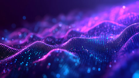 Smooth flowing data waves with digital motion lines. Ideal for cyber themes, AI, and futuristic data...