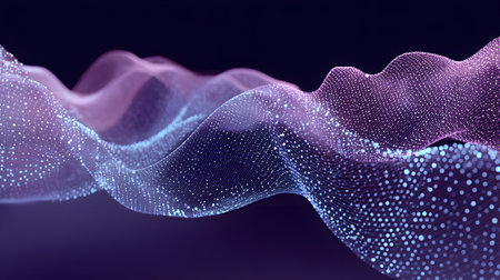 Smooth flowing data waves with digital motion lines. Ideal for cyber themes, AI, and futuristic data visualizations.の写真素材