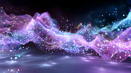Smooth flowing data waves with digital motion lines. Ideal for cyber themes, AI, and futuristic data...