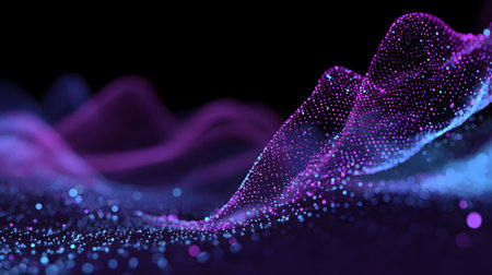 Smooth flowing data waves with digital motion lines. Ideal for cyber themes, AI, and futuristic data visualizations.の写真素材