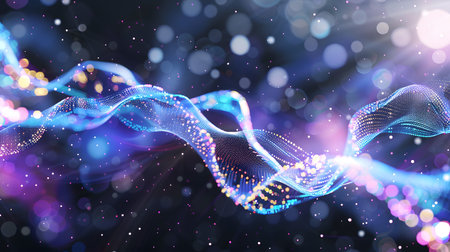 Smooth flowing data waves with digital motion lines. Ideal for cyber themes, AI, and futuristic data...