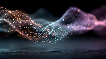 Smooth flowing data waves with digital motion lines. Ideal for cyber themes, AI, and futuristic data visualizations.の写真素材