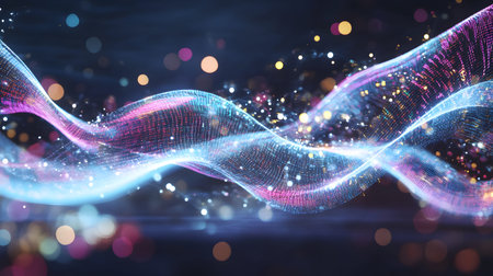 Smooth flowing data waves with digital motion lines. Ideal for cyber themes, AI, and futuristic data...